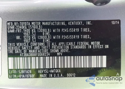 2015 Toyota Venza Le из США, поврежденный, VIN 4T3BA3BB8FU068234